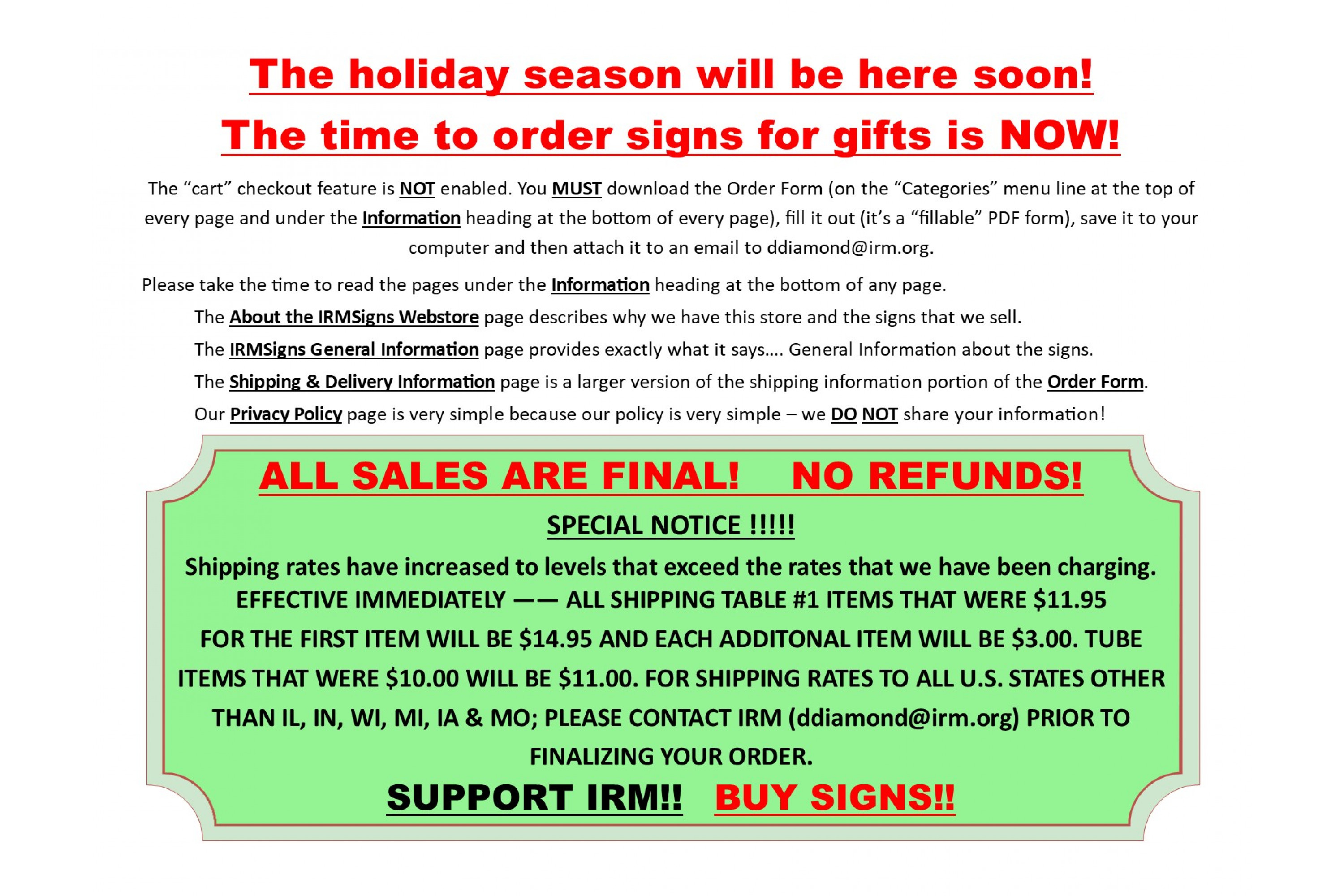 20211101 NO Refunds + Holiday season - Shipping rate changes